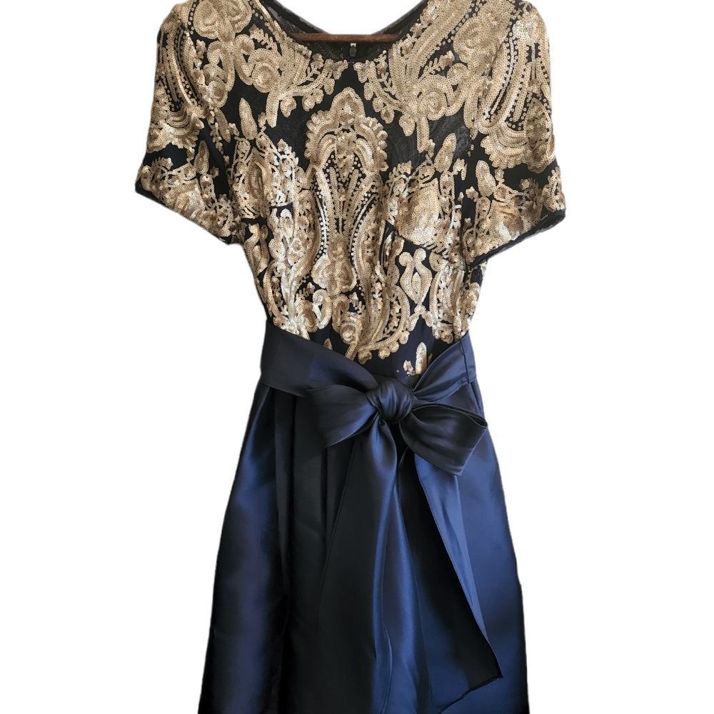 R&M Richards Blue and Gold Embellished Sequin Bow High Low Ball Gown Dress - Picture 3 of 12